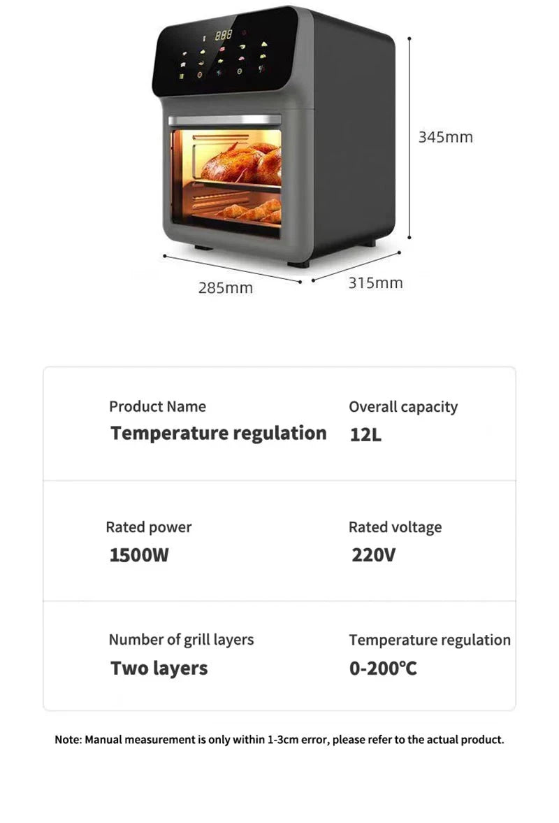 12L Electric Air Fryer Large Capacity Convection Oven Deep Fryer Without Oil Kitchen 360°Baking Viewable Window Home Appliance