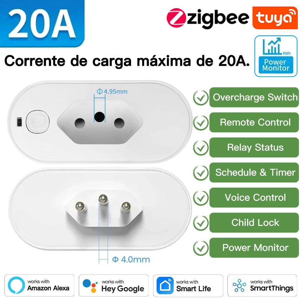 TNCE Tuya Brazil Plug 16/20A adapter, WIFI or zigbee socket with Power Monitor, Smart outlet control,Voice for Google Home Alexa