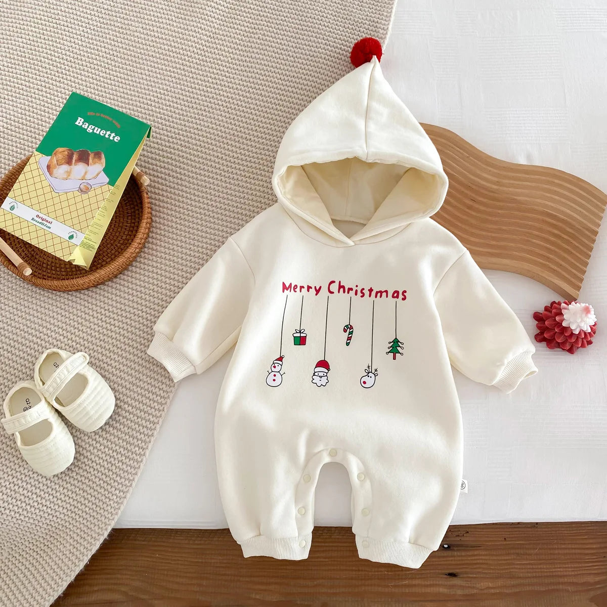 Infant Baby Boys Girls Christmas Romper Long Sleeve Thicken Hooded Letters Print Jumpsuit Fall Winter Newborn Clothes Christmas