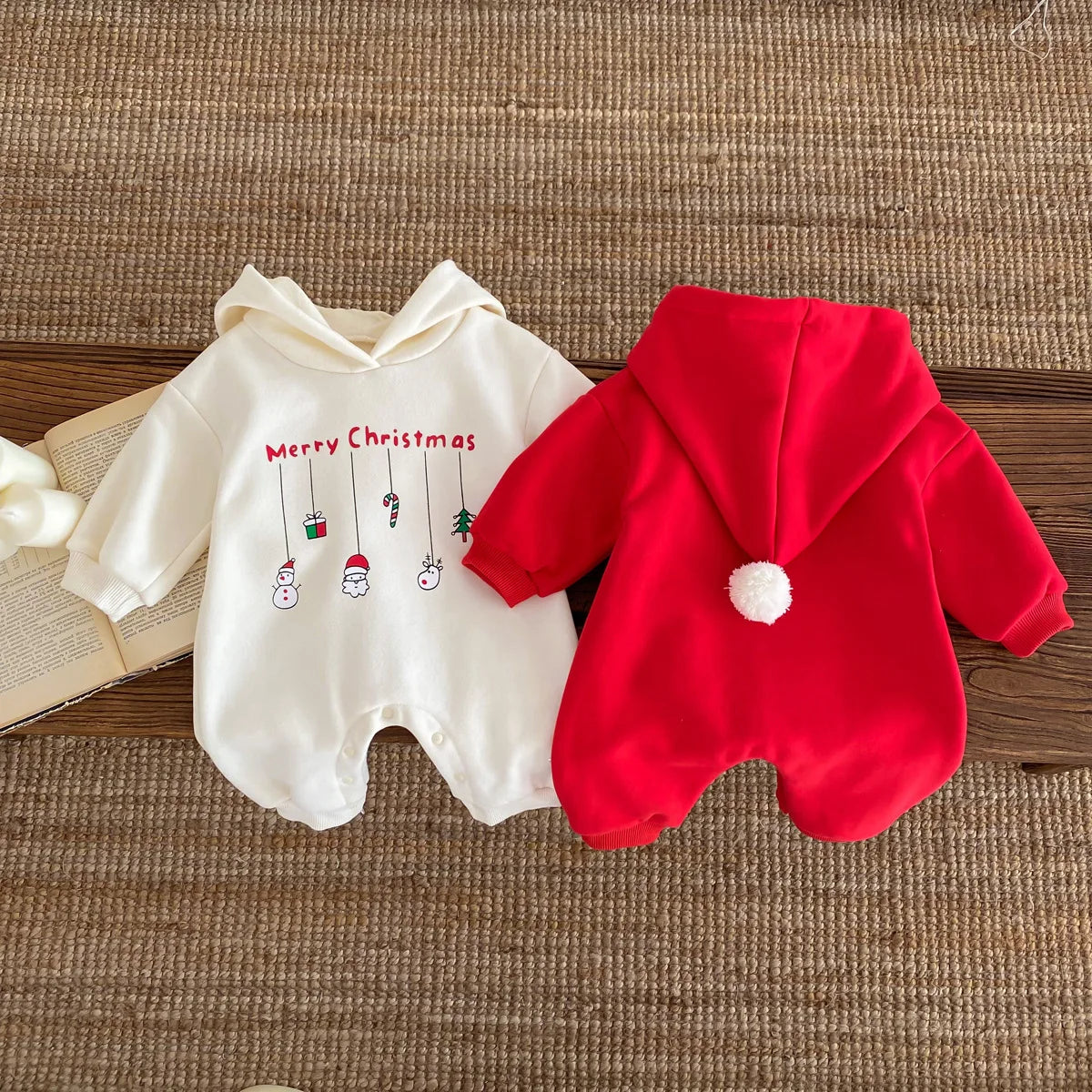 Infant Baby Boys Girls Christmas Romper Long Sleeve Thicken Hooded Letters Print Jumpsuit Fall Winter Newborn Clothes Christmas