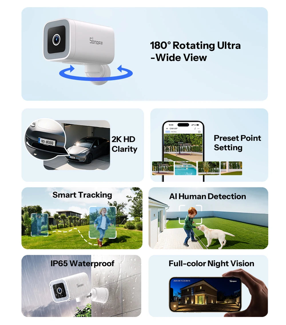 CAM-B1P Outdoor Smart Security Camera 2K HD With AI Human Detection IP65 Weatherproof 180° Pan Control Alexa Google Home