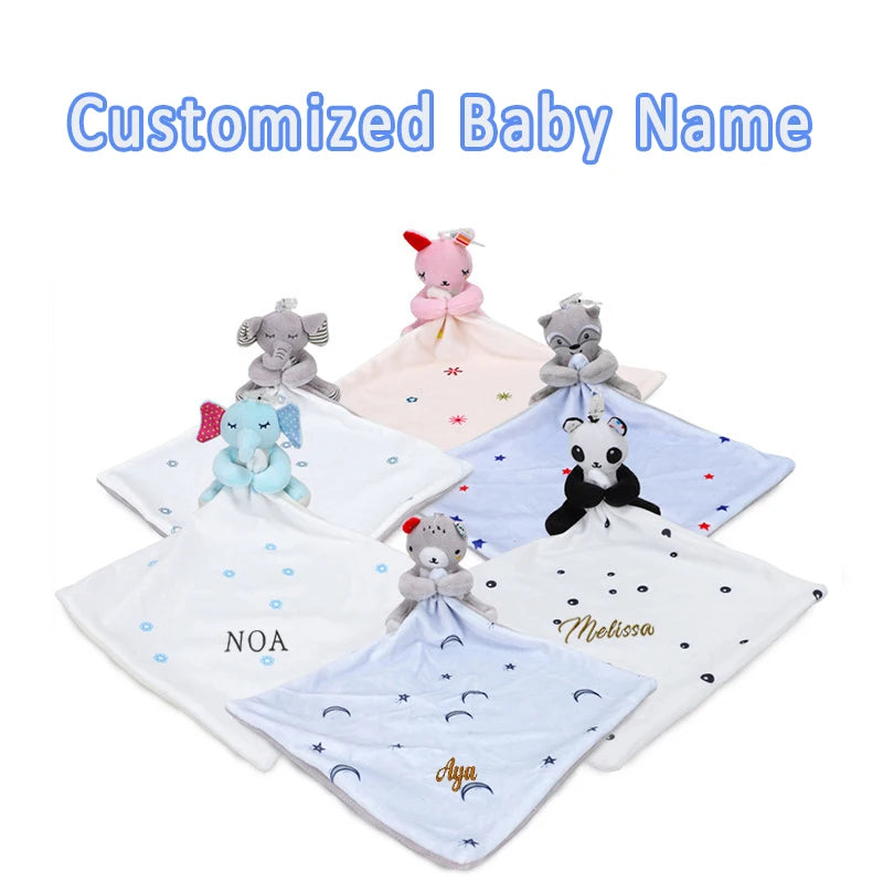Name Personalized Embroidered Newborn Security Blanket Plush Soft Cotton   Baby Sleeping Cuddling Towel Birth Gift
