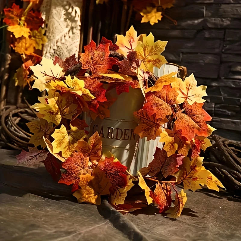 100CM Autumn Artificial Maple Leaf Wreath Fake Leaf Plant Vine Home Decor Garden Halloween Thanksgiving Wall Doors Windows Decor