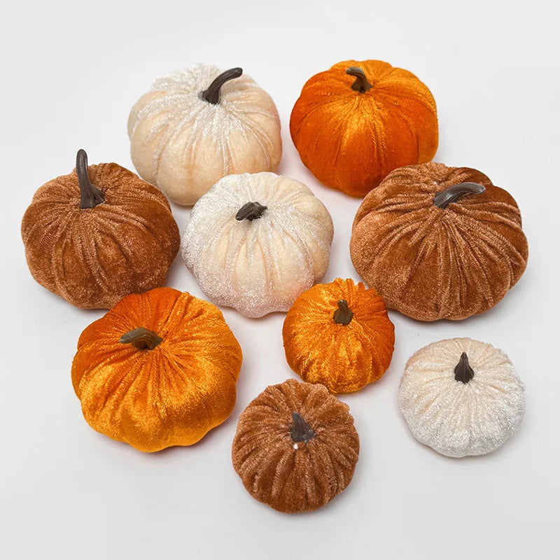 9pcs Velvet Artificial Pumpkins 3 Size Mixed for Halloween Party Thanksgiving Home Table Decoration Autumn Fall DIY Craft Wreath