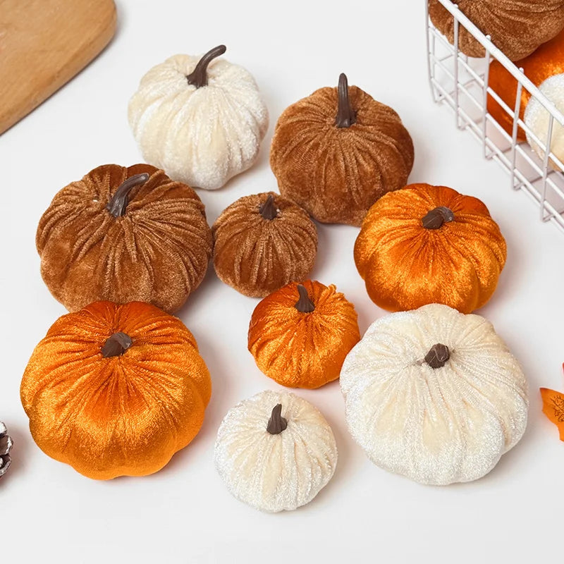 9pcs Velvet Artificial Pumpkins 3 Size Mixed for Halloween Party Thanksgiving Home Table Decoration Autumn Fall DIY Craft Wreath
