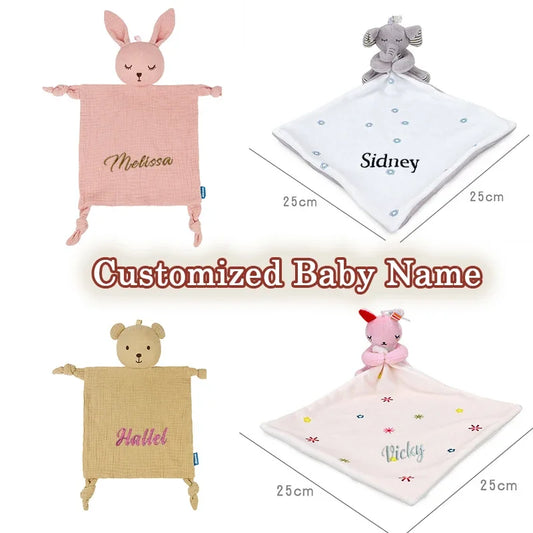 Name Personalized Embroidered Newborn Security Blanket Plush Soft Cotton   Baby Sleeping Cuddling Towel Birth Gift