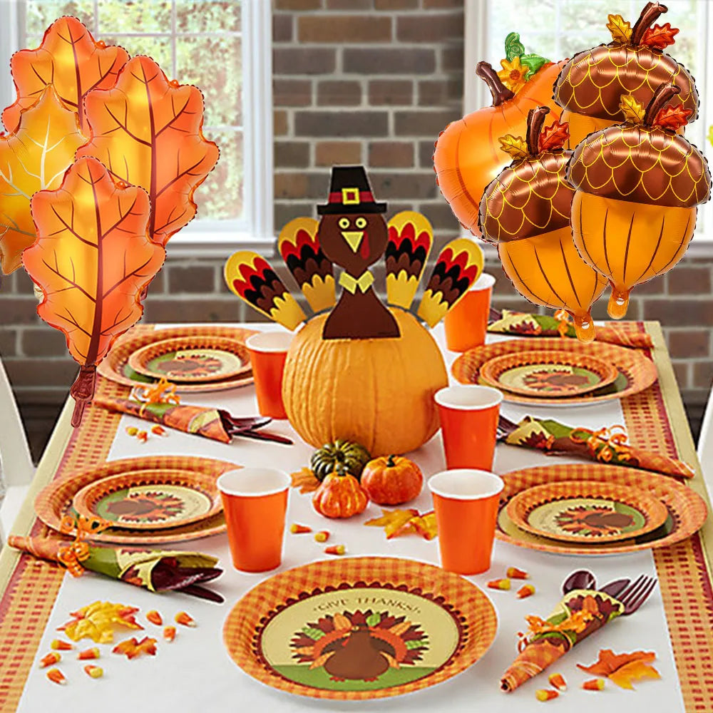8Pcs Happy Fall Balloons Pumpkin Big Maple Leaves Acorn Balloons Fall Mylar Foil Balloons ThanksGiving Home Festival Decorations