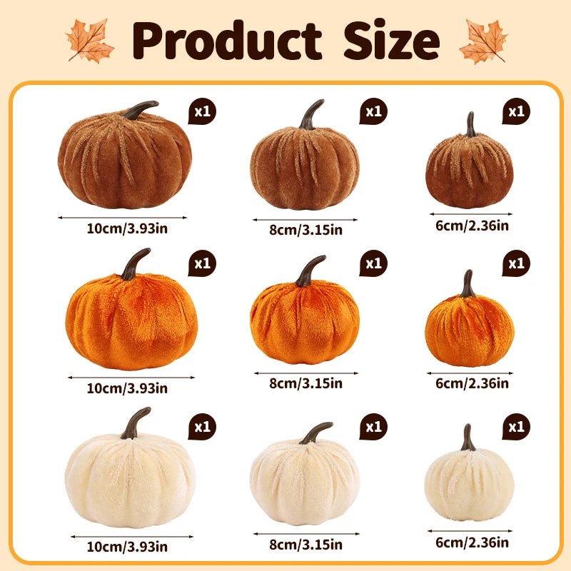 9pcs Velvet Artificial Pumpkins 3 Size Mixed for Halloween Party Thanksgiving Home Table Decoration Autumn Fall DIY Craft Wreath