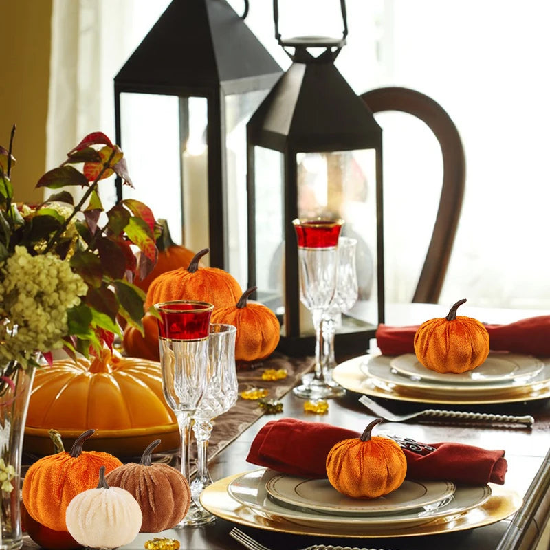 9pcs Velvet Artificial Pumpkins 3 Size Mixed for Halloween Party Thanksgiving Home Table Decoration Autumn Fall DIY Craft Wreath