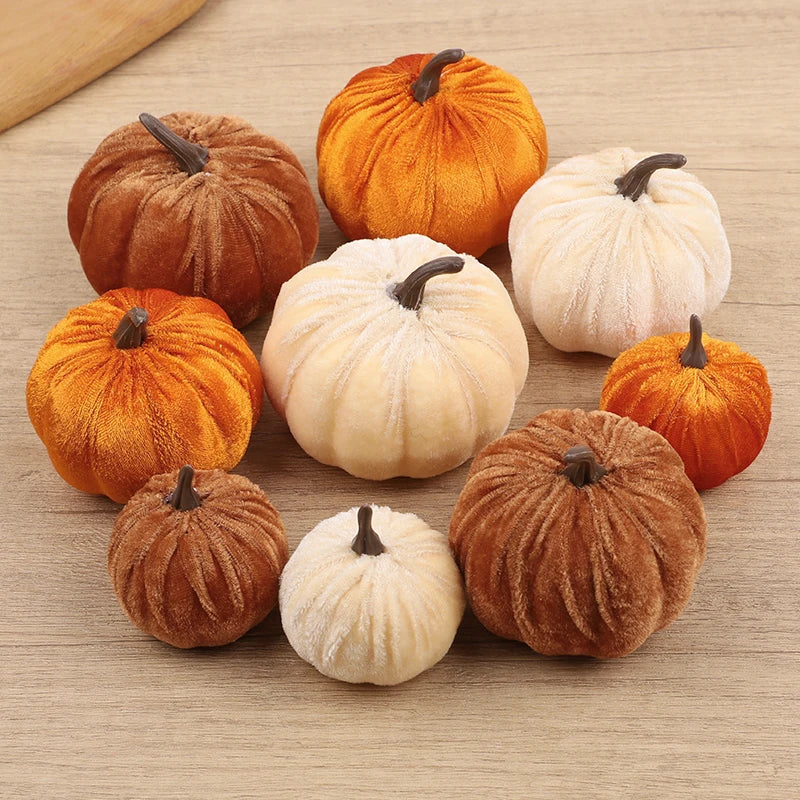 9pcs Velvet Artificial Pumpkins 3 Size Mixed for Halloween Party Thanksgiving Home Table Decoration Autumn Fall DIY Craft Wreath