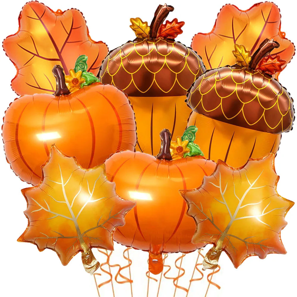 8Pcs Happy Fall Balloons Pumpkin Big Maple Leaves Acorn Balloons Fall Mylar Foil Balloons ThanksGiving Home Festival Decorations
