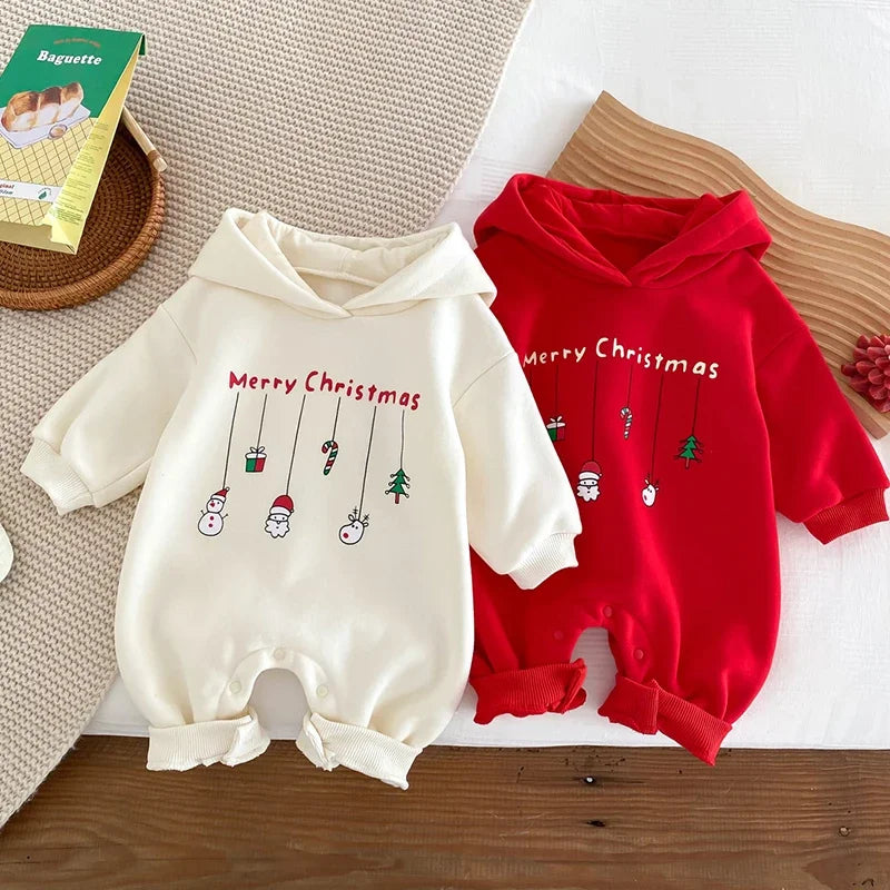 Infant Baby Boys Girls Christmas Romper Long Sleeve Thicken Hooded Letters Print Jumpsuit Fall Winter Newborn Clothes Christmas
