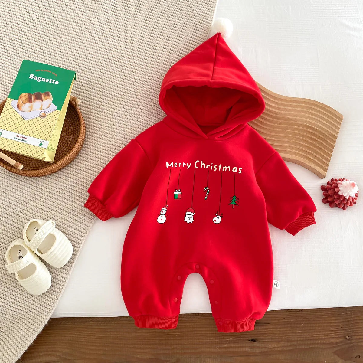 Infant Baby Boys Girls Christmas Romper Long Sleeve Thicken Hooded Letters Print Jumpsuit Fall Winter Newborn Clothes Christmas