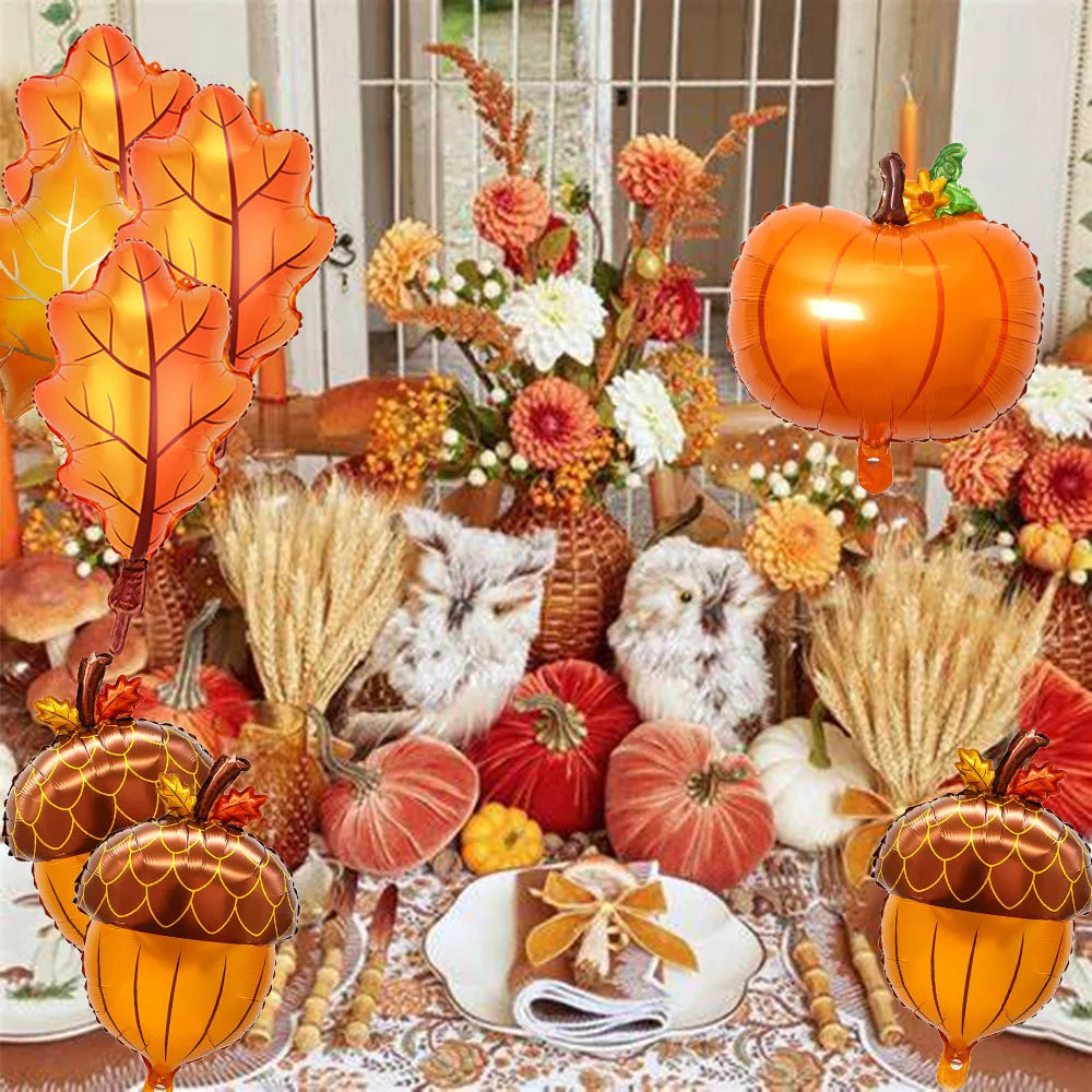 8Pcs Happy Fall Balloons Pumpkin Big Maple Leaves Acorn Balloons Fall Mylar Foil Balloons ThanksGiving Home Festival Decorations