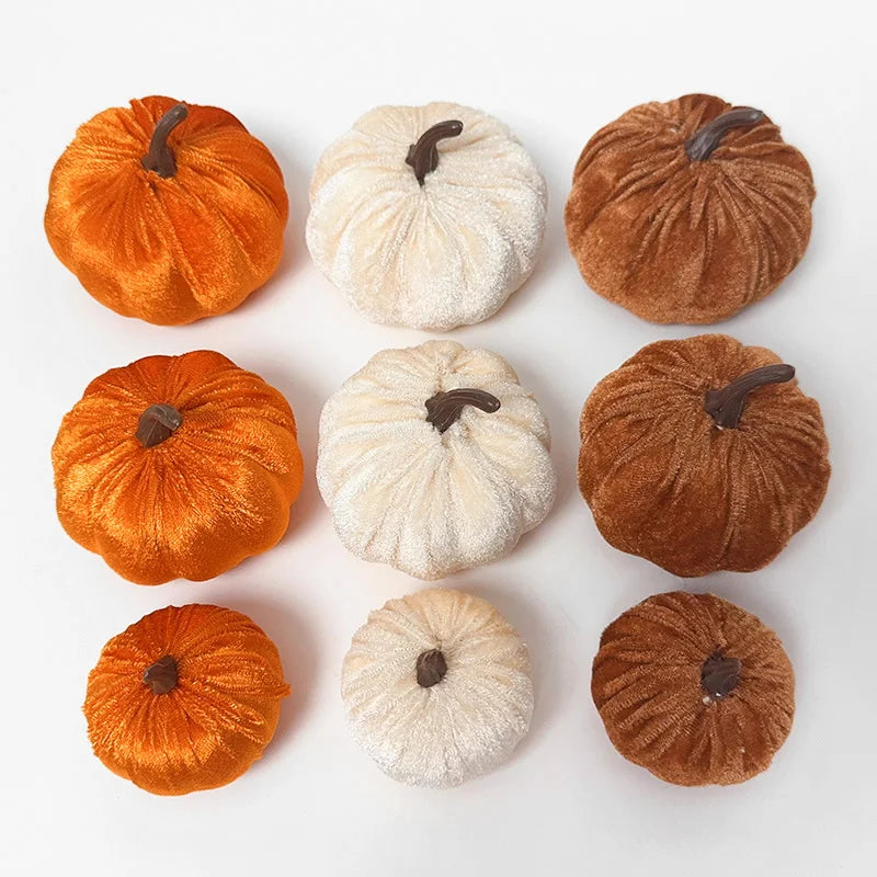 9pcs Velvet Artificial Pumpkins 3 Size Mixed for Halloween Party Thanksgiving Home Table Decoration Autumn Fall DIY Craft Wreath