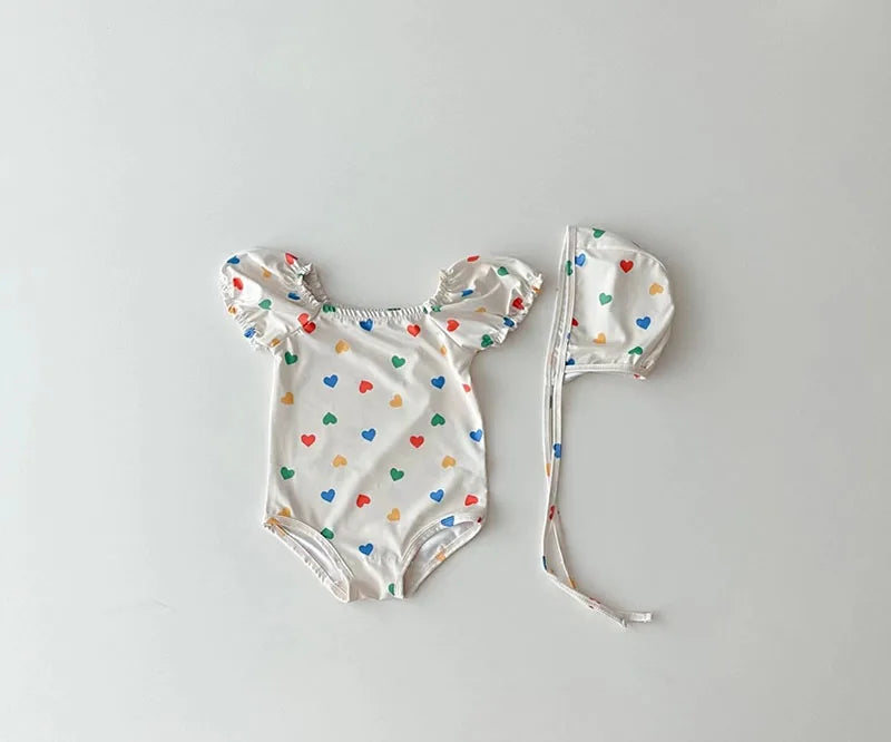 MILANCEL 2pcs Summer Kids Baby Girl Swimming Wear One Piece Heart Print Girls' Swimsuits Toddler Swimwear