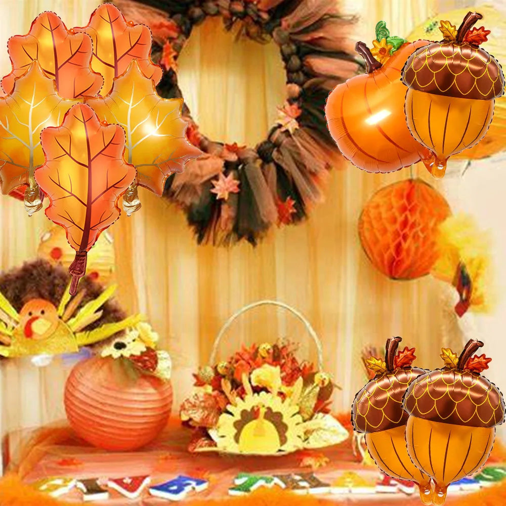 8Pcs Happy Fall Balloons Pumpkin Big Maple Leaves Acorn Balloons Fall Mylar Foil Balloons ThanksGiving Home Festival Decorations