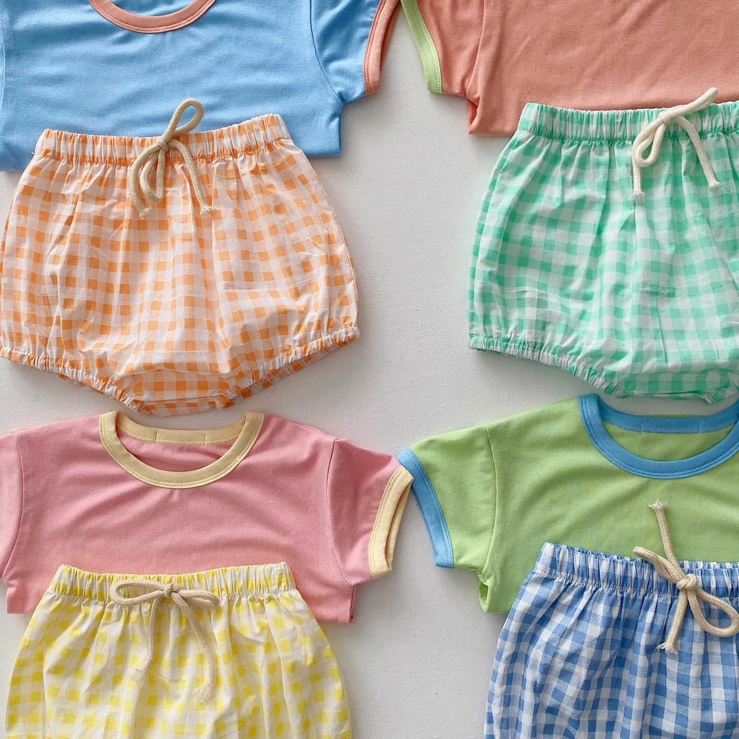 Infant Newborn Girls Boys Summer Short Sleeve Patch Top Tees Plaid Bottoms Kids Baby Clothing Cotton Sets 2pcs 0-24M