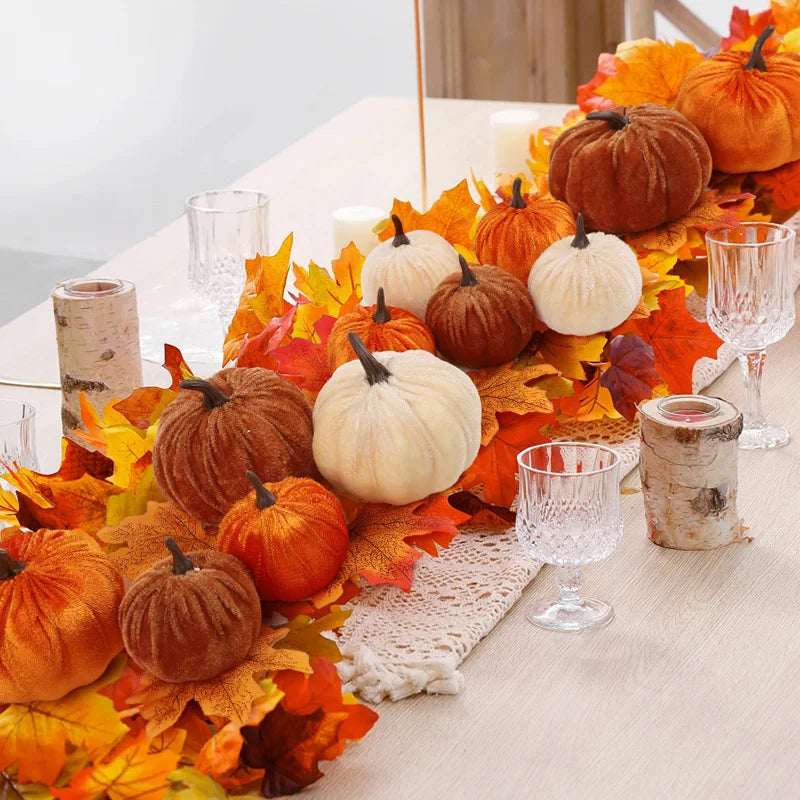 9pcs Velvet Artificial Pumpkins 3 Size Mixed for Halloween Party Thanksgiving Home Table Decoration Autumn Fall DIY Craft Wreath