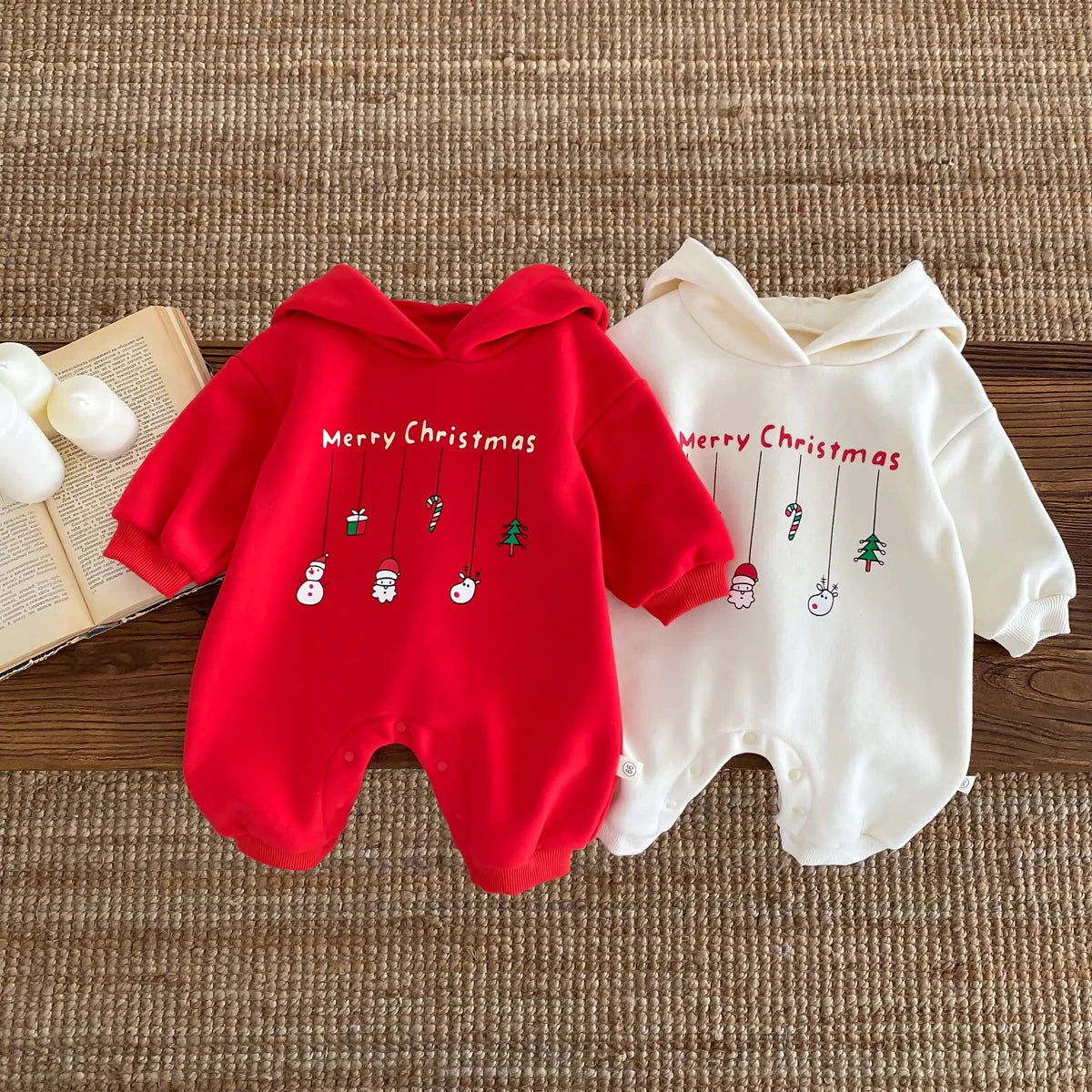 Infant Baby Boys Girls Christmas Romper Long Sleeve Thicken Hooded Letters Print Jumpsuit Fall Winter Newborn Clothes Christmas