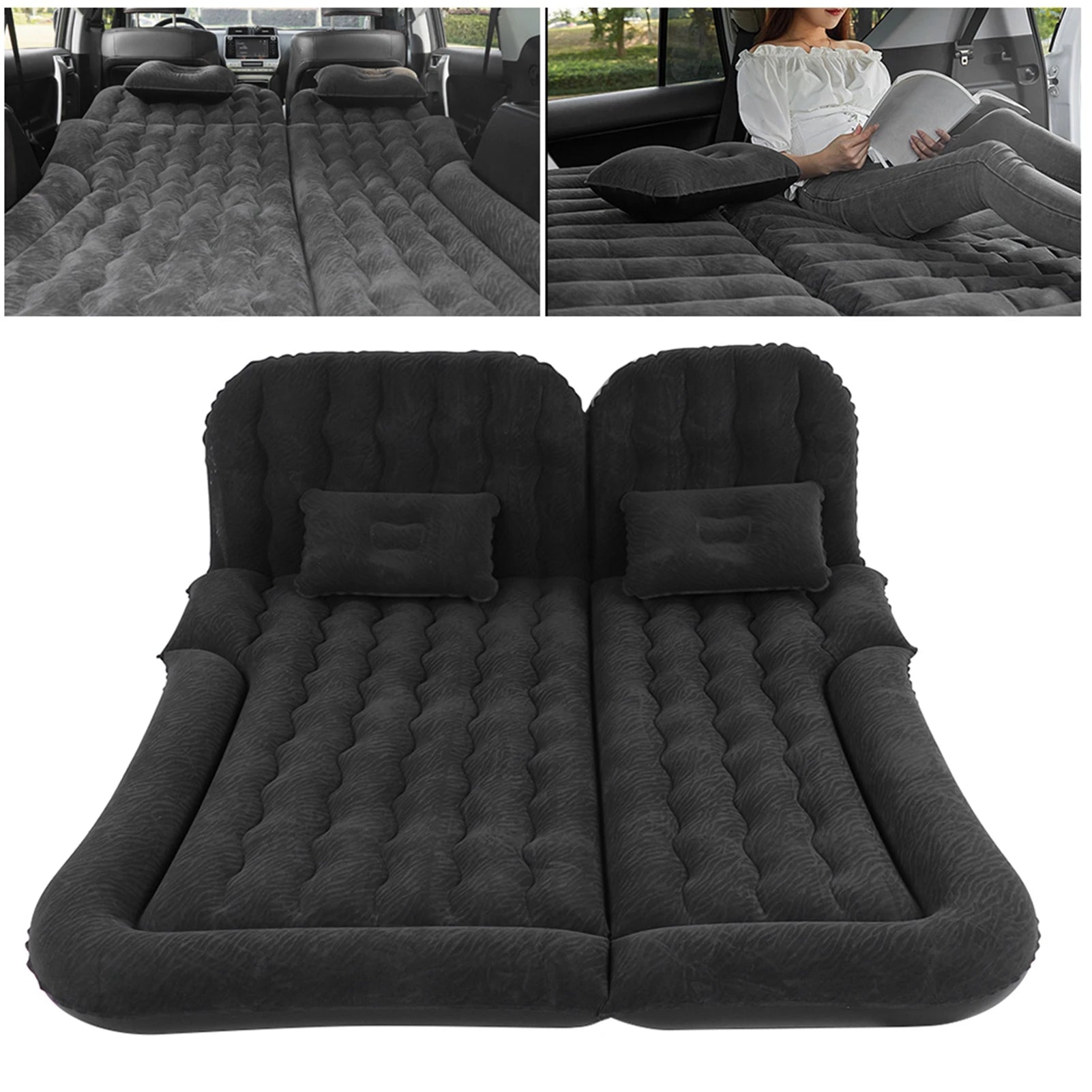 Car Travel Bed 2‑In‑1 Multifunction Inflatable Travel Mattress PVC Flocking Soft Sleeping Rest Cushion for Car SUV