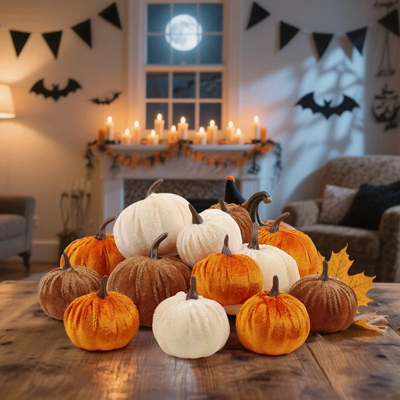 9pcs Velvet Artificial Pumpkins 3 Size Mixed for Halloween Party Thanksgiving Home Table Decoration Autumn Fall DIY Craft Wreath