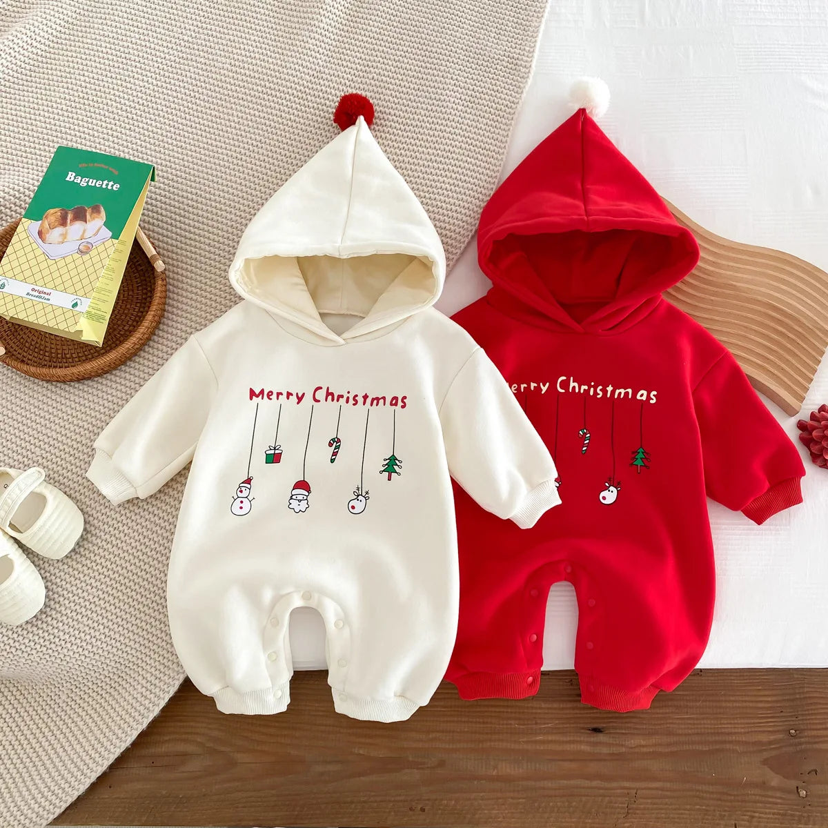 Infant Baby Boys Girls Christmas Romper Long Sleeve Thicken Hooded Letters Print Jumpsuit Fall Winter Newborn Clothes Christmas