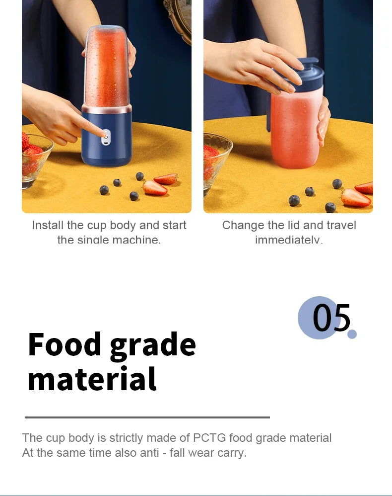 6 Blade Portable Juicer USB Rechargeable Juicer Stainless Steel Blade Cup Juicer Fruit Automatic Smoothie Blender Kitchen Tool