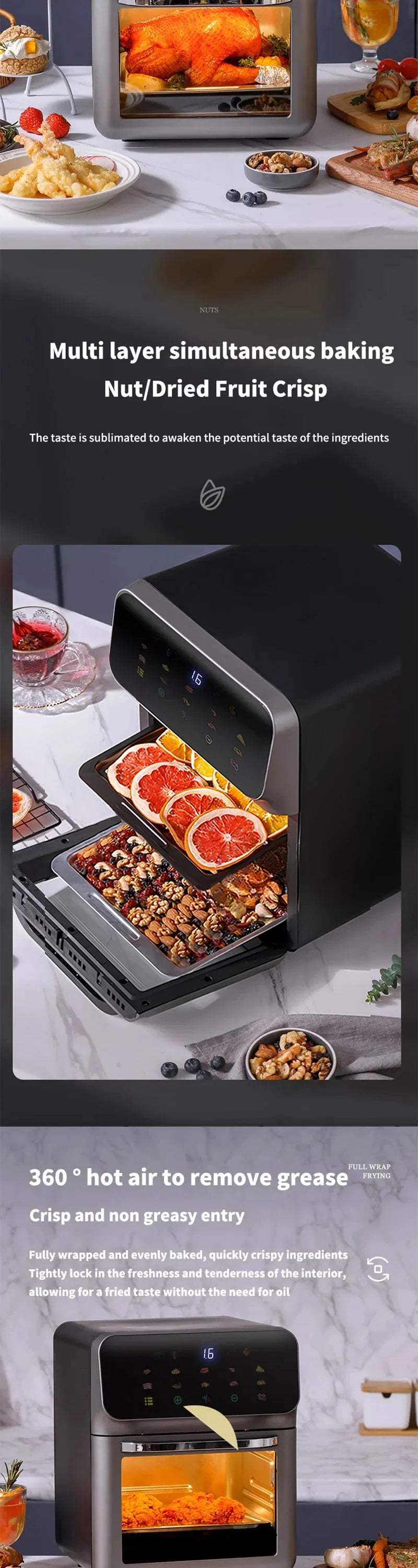 12L Electric Air Fryer Large Capacity Convection Oven Deep Fryer Without Oil Kitchen 360°Baking Viewable Window Home Appliance