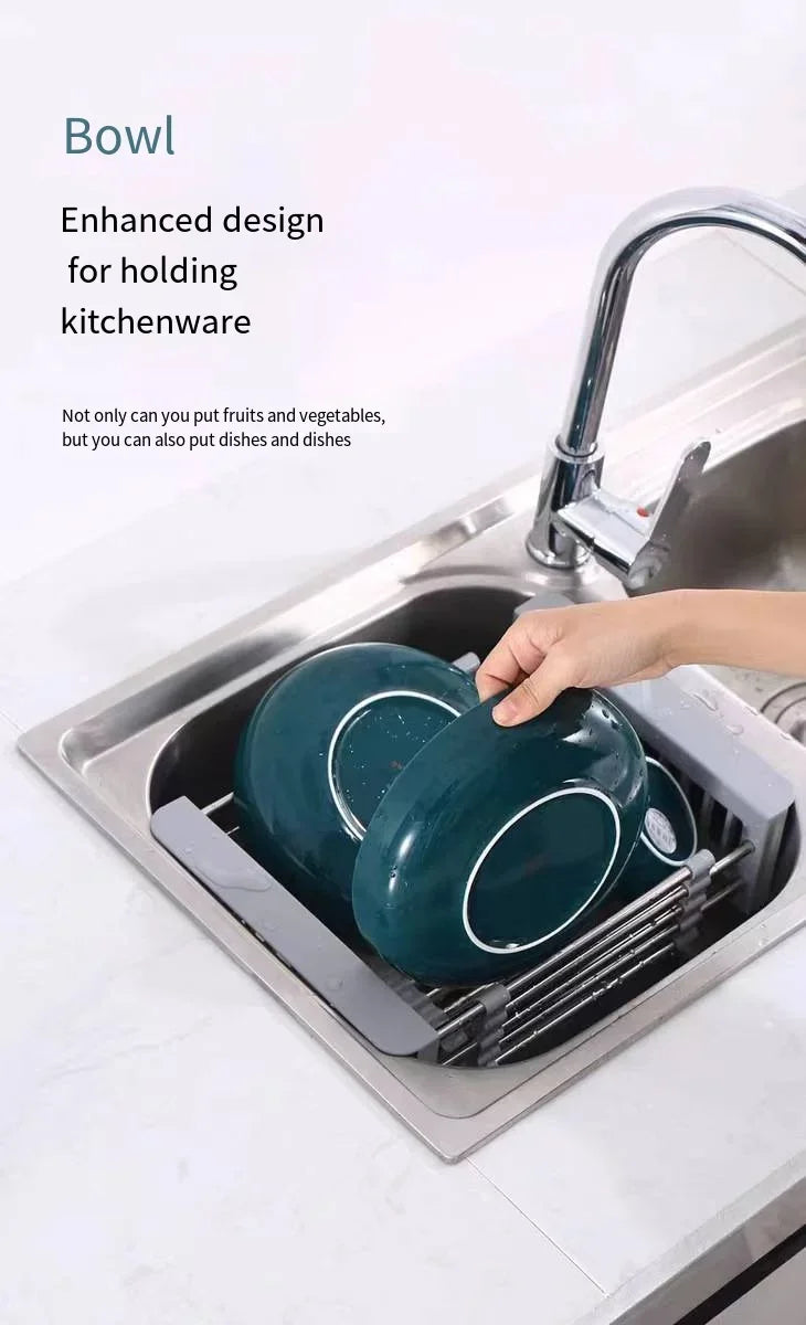 Folding Kitchen Sink Drain Rack, Stainless Steel Dish Drain Basket for Washing Dishes, Space-Saving Sink Organizer