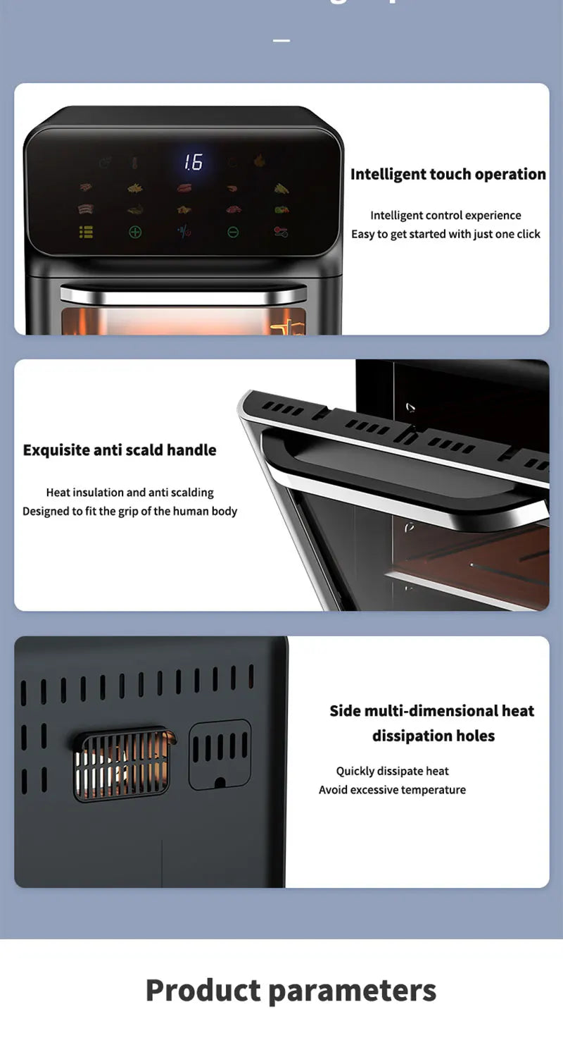 12L Electric Air Fryer Large Capacity Convection Oven Deep Fryer Without Oil Kitchen 360°Baking Viewable Window Home Appliance