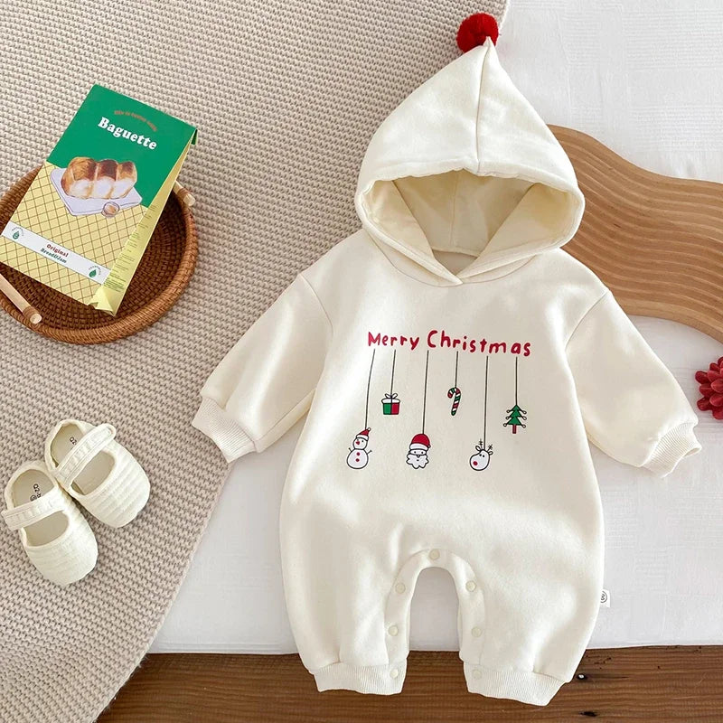 Infant Baby Boys Girls Christmas Romper Long Sleeve Thicken Hooded Letters Print Jumpsuit Fall Winter Newborn Clothes Christmas