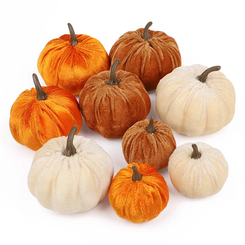 9pcs Velvet Artificial Pumpkins 3 Size Mixed for Halloween Party Thanksgiving Home Table Decoration Autumn Fall DIY Craft Wreath