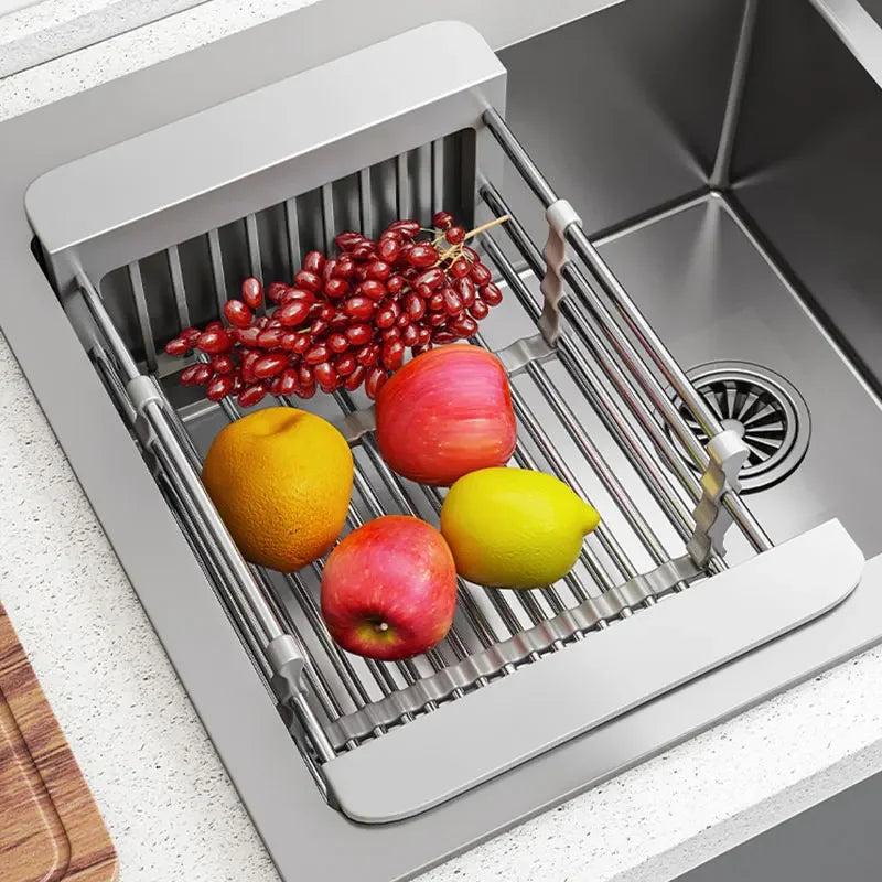 Folding Kitchen Sink Drain Rack, Stainless Steel Dish Drain Basket for Washing Dishes, Space-Saving Sink Organizer