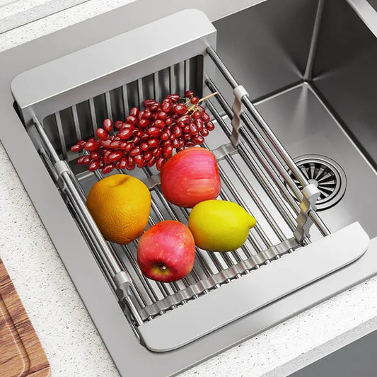 Folding Kitchen Sink Drain Rack, Stainless Steel Dish Drain Basket for Washing Dishes, Space-Saving Sink Organizer