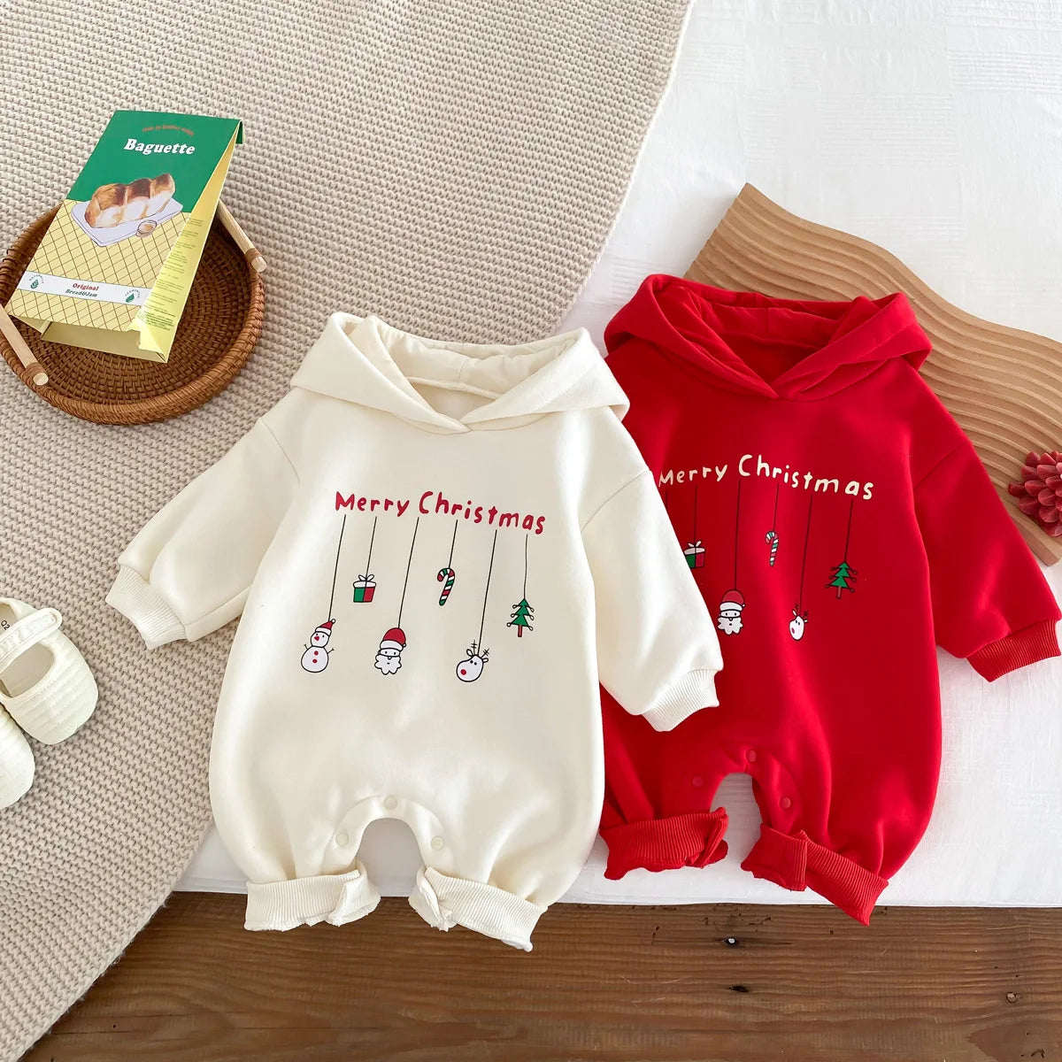 Infant Baby Boys Girls Christmas Romper Long Sleeve Thicken Hooded Letters Print Jumpsuit Fall Winter Newborn Clothes Christmas
