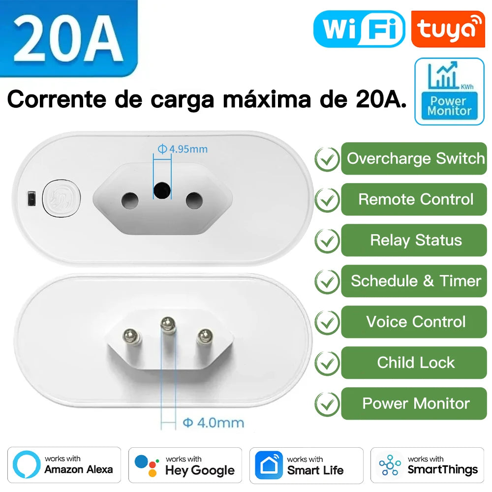 TNCE Tuya Brazil Plug 16/20A adapter, WIFI or zigbee socket with Power Monitor, Smart outlet control,Voice for Google Home Alexa