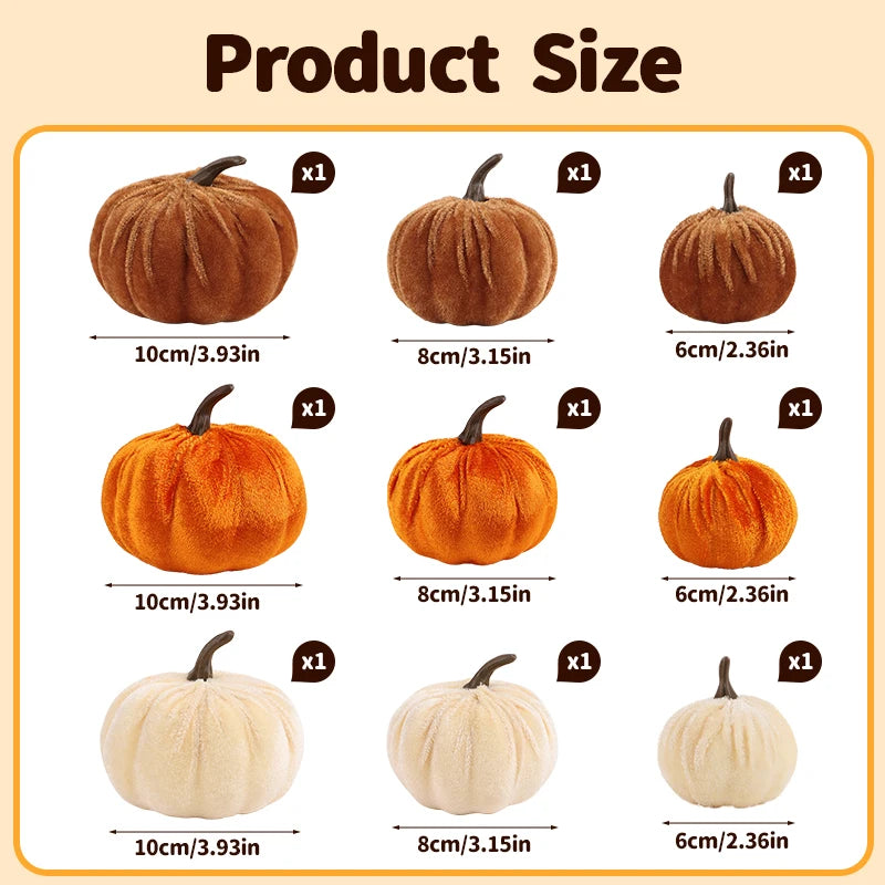 9pcs Velvet Artificial Pumpkins 3 Size Mixed for Halloween Party Thanksgiving Home Table Decoration Autumn Fall DIY Craft Wreath