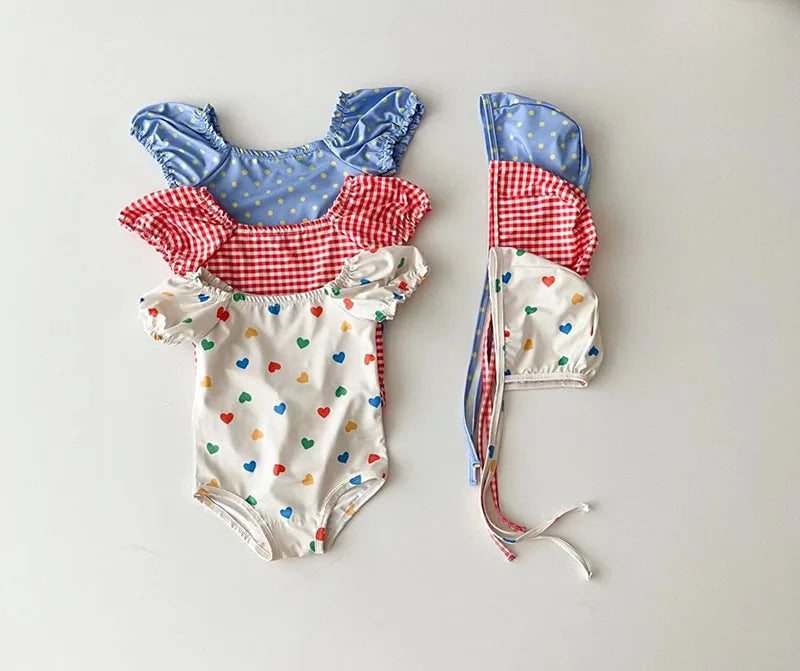 MILANCEL 2pcs Summer Kids Baby Girl Swimming Wear One Piece Heart Print Girls' Swimsuits Toddler Swimwear
