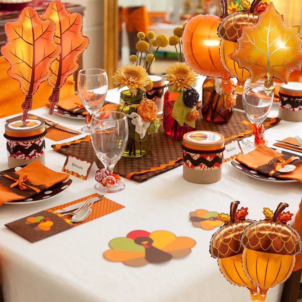 8Pcs Happy Fall Balloons Pumpkin Big Maple Leaves Acorn Balloons Fall Mylar Foil Balloons ThanksGiving Home Festival Decorations