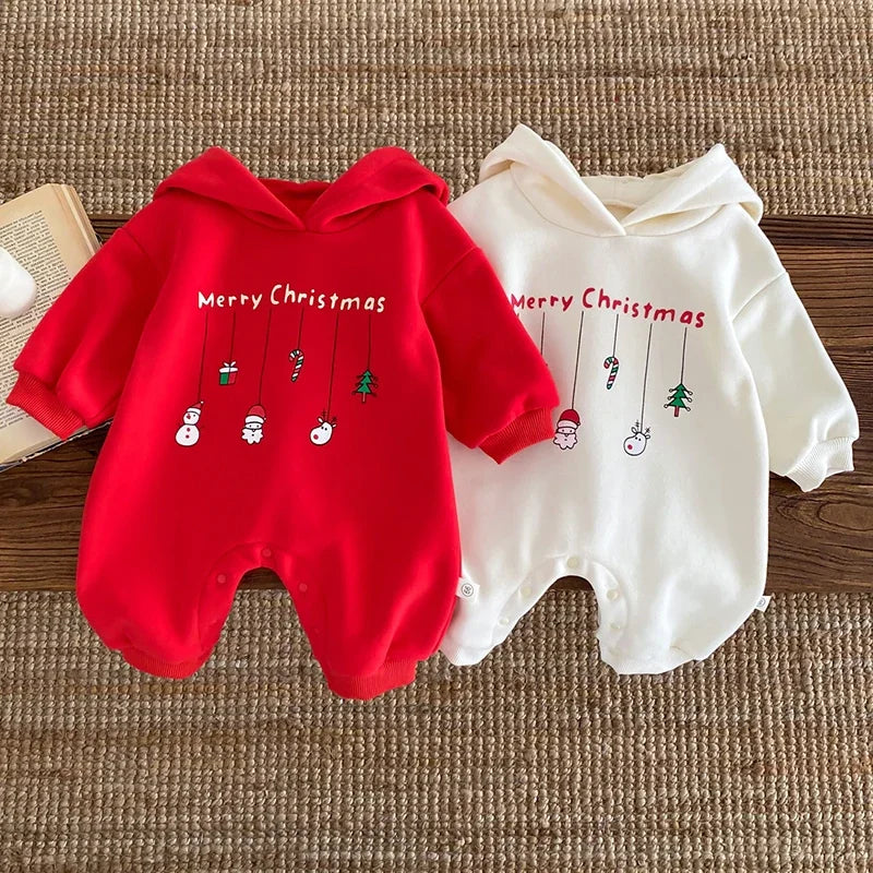 Infant Baby Boys Girls Christmas Romper Long Sleeve Thicken Hooded Letters Print Jumpsuit Fall Winter Newborn Clothes Christmas