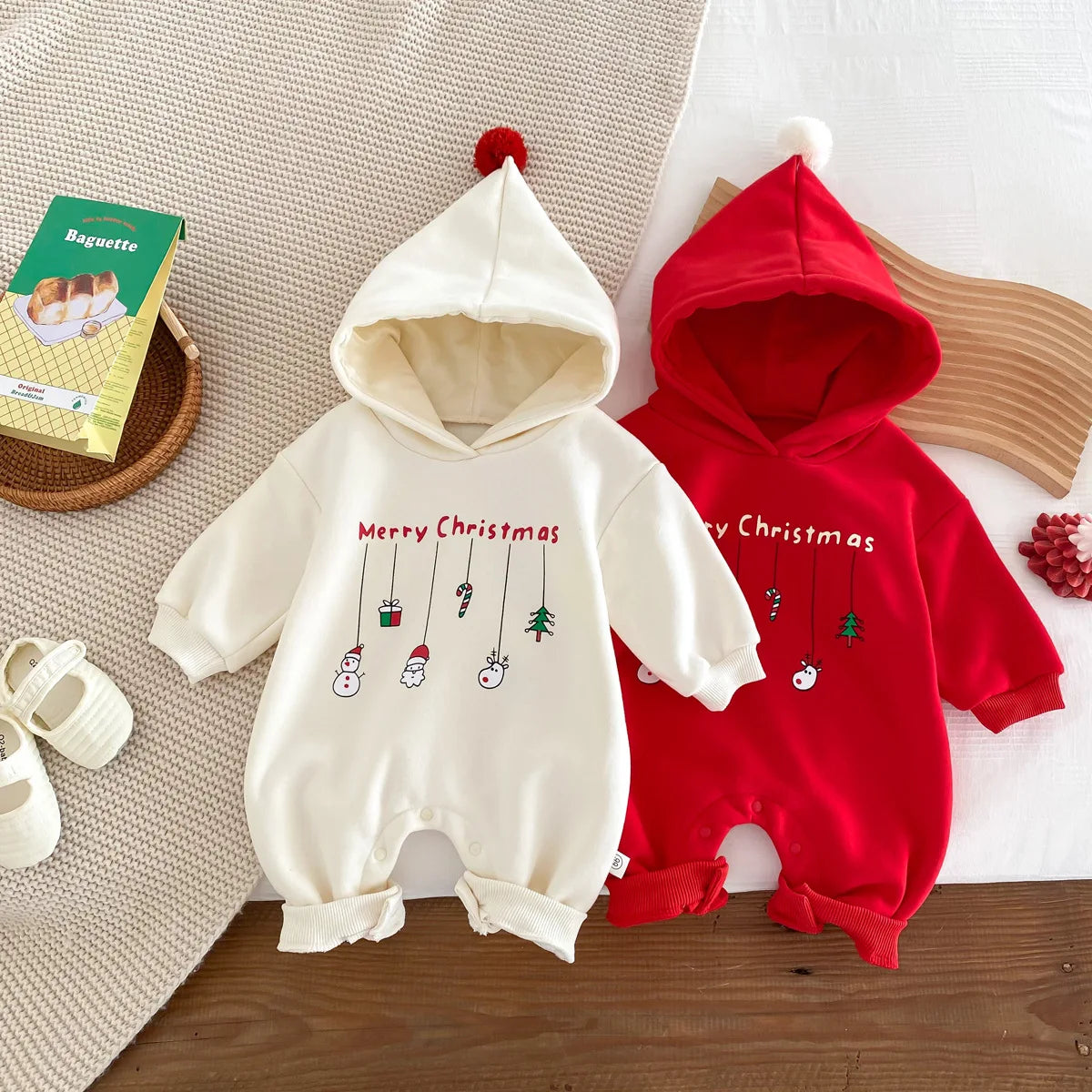Infant Baby Boys Girls Christmas Romper Long Sleeve Thicken Hooded Letters Print Jumpsuit Fall Winter Newborn Clothes Christmas