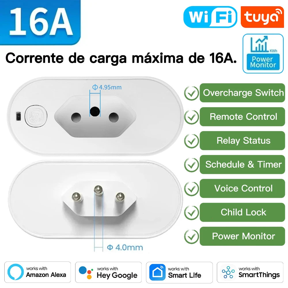 TNCE Tuya Brazil Plug 16/20A adapter, WIFI or zigbee socket with Power Monitor, Smart outlet control,Voice for Google Home Alexa