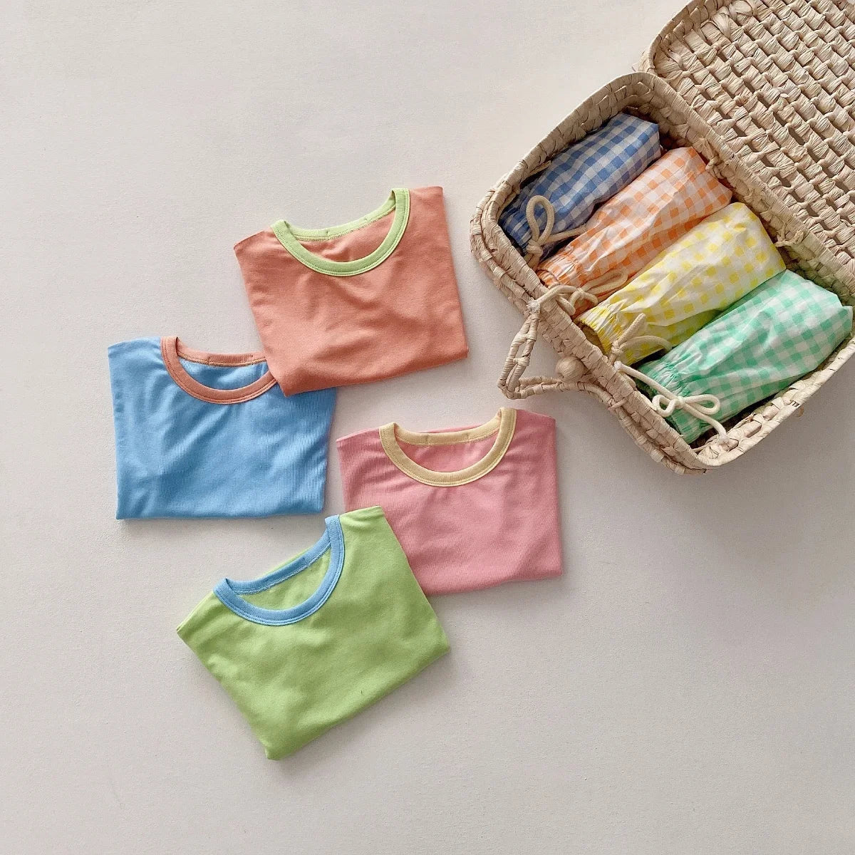 Infant Newborn Girls Boys Summer Short Sleeve Patch Top Tees Plaid Bottoms Kids Baby Clothing Cotton Sets 2pcs 0-24M