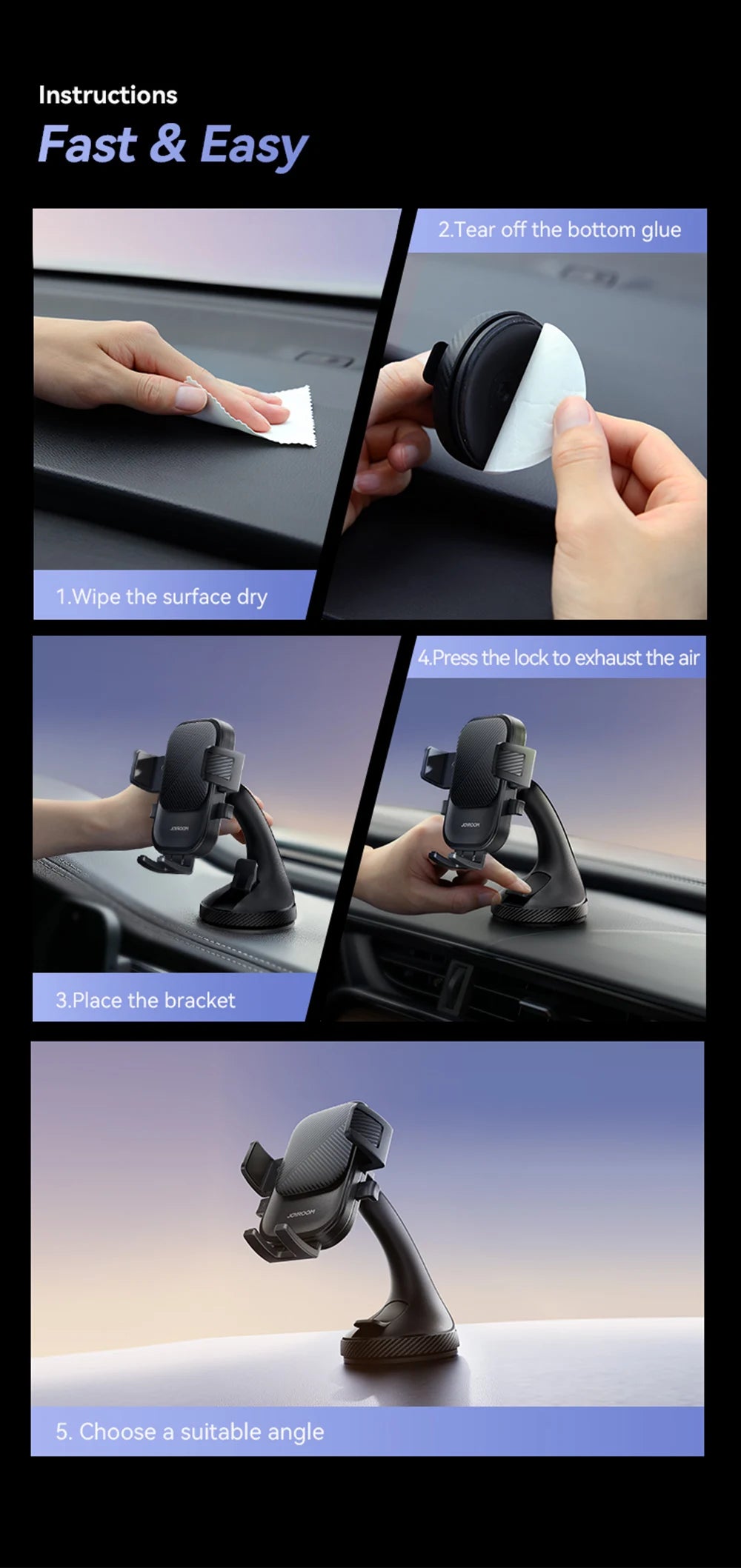 Joyroom Universal Car Mount Phone Holder with Suction Cup Base Dashboard Car Cell Phone Stand For iPhone Samsung Google Huawei