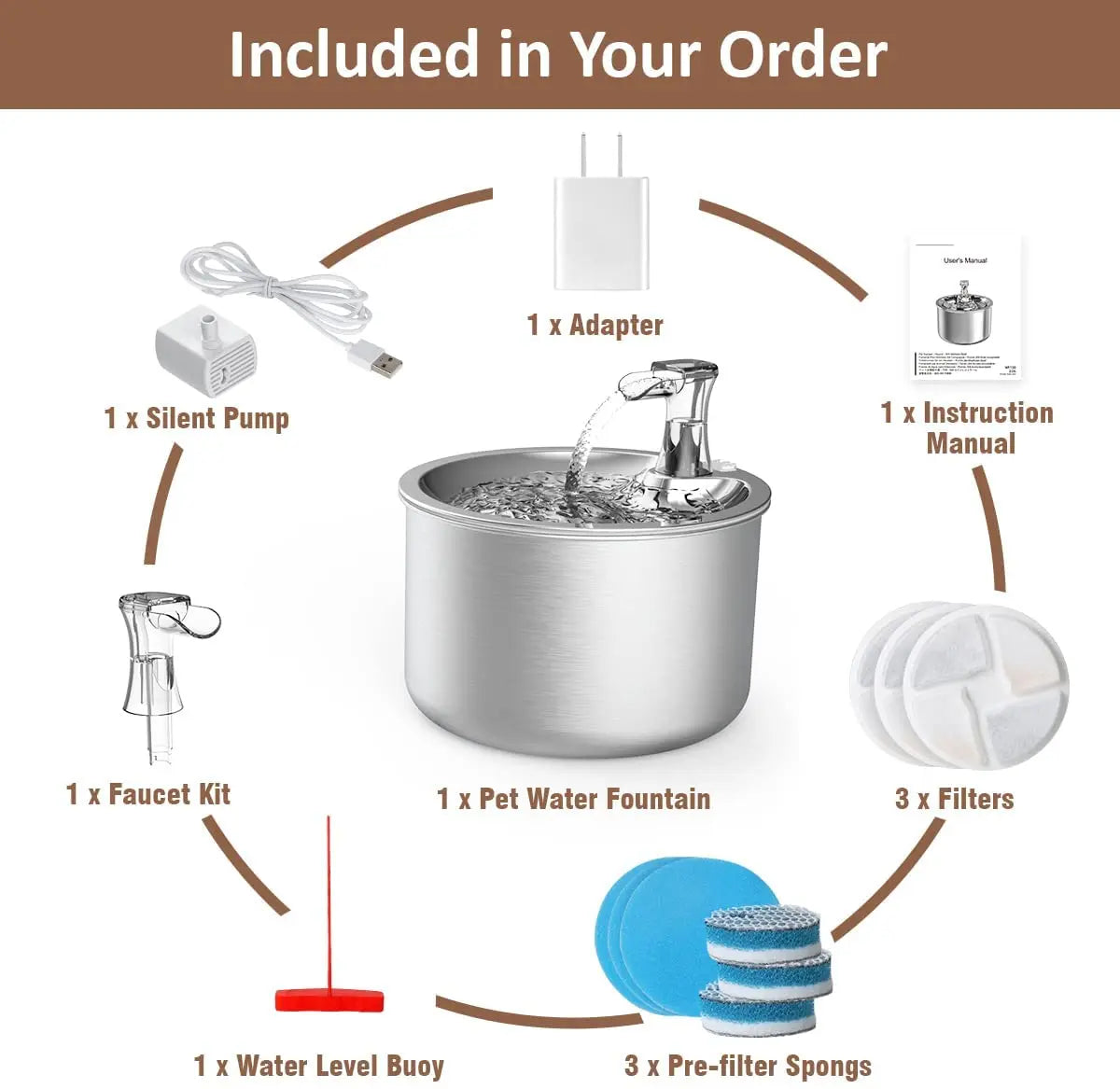 2L fully stainless steel pet water dispenser Automatic cat water fountain with optional sensor  and heater