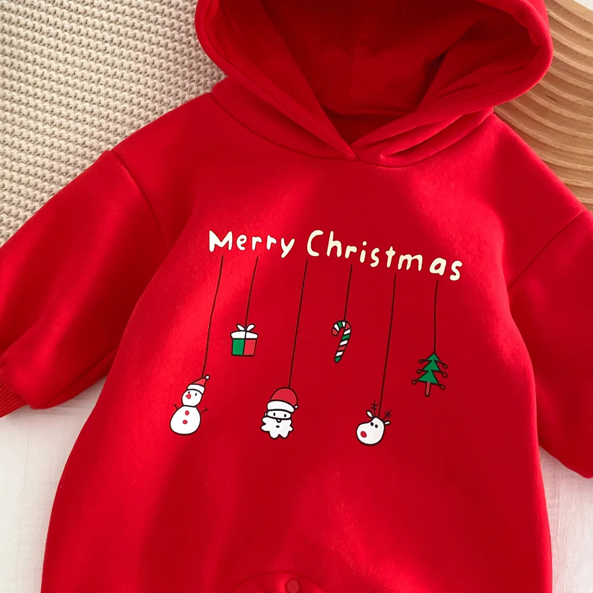 Infant Baby Boys Girls Christmas Romper Long Sleeve Thicken Hooded Letters Print Jumpsuit Fall Winter Newborn Clothes Christmas