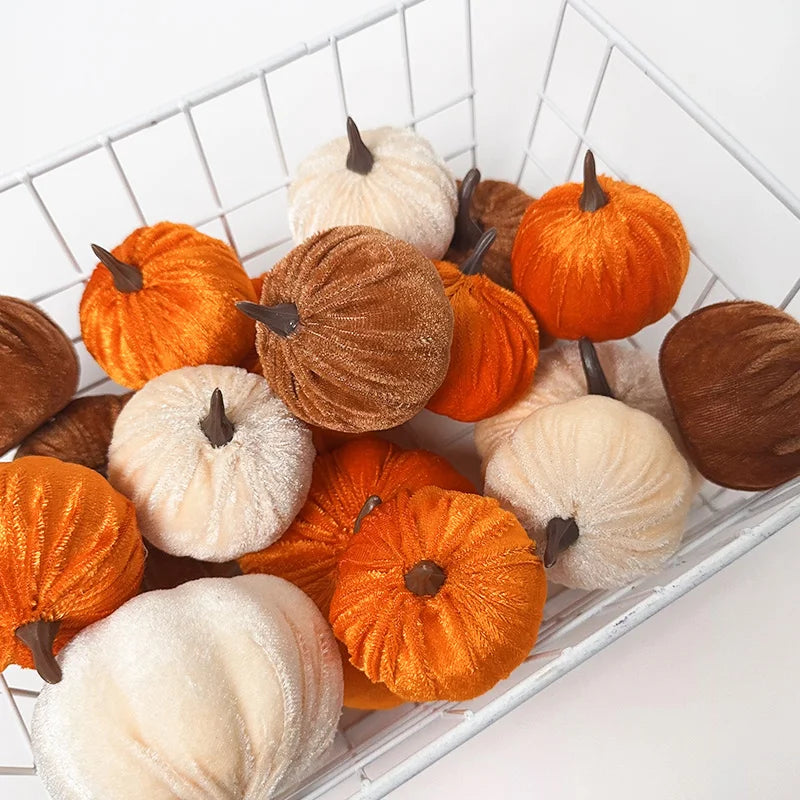 9pcs Velvet Artificial Pumpkins 3 Size Mixed for Halloween Party Thanksgiving Home Table Decoration Autumn Fall DIY Craft Wreath