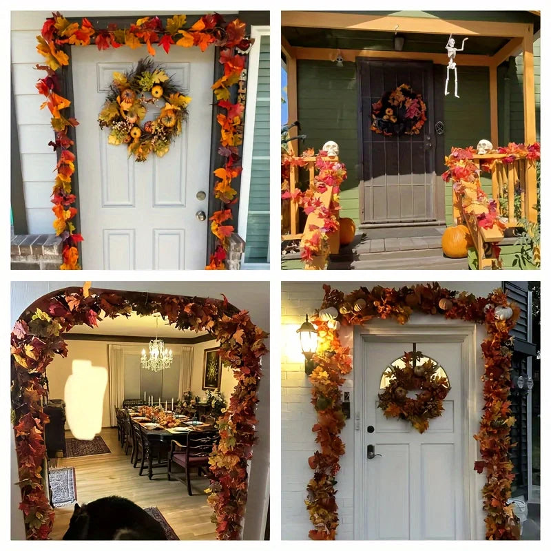 100CM Autumn Artificial Maple Leaf Wreath Fake Leaf Plant Vine Home Decor Garden Halloween Thanksgiving Wall Doors Windows Decor