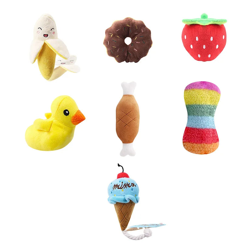A 7-piece set of puppy sound toys, loose plush pet chewing, plush fruit snacks and vegetable puppy toys, suitable for cute playm